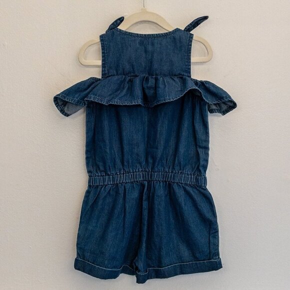 Mayoral Embroidered Denim Romper | Girls Size 4 (104 cm) | Floral Ruffle One-Pie - Picture 2 of 4